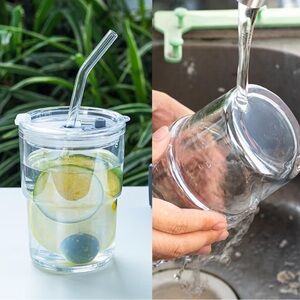 13 oz Glass Water Tumbler, Water Bottle with Straw and Dustproof Lid